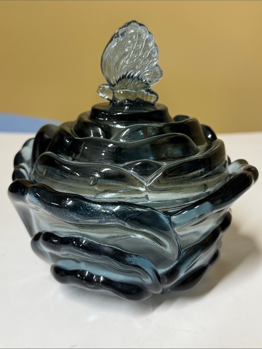 Fenton Glass Coverd Candy Dish Butterfly Cabbage Trinket Smokey Blue